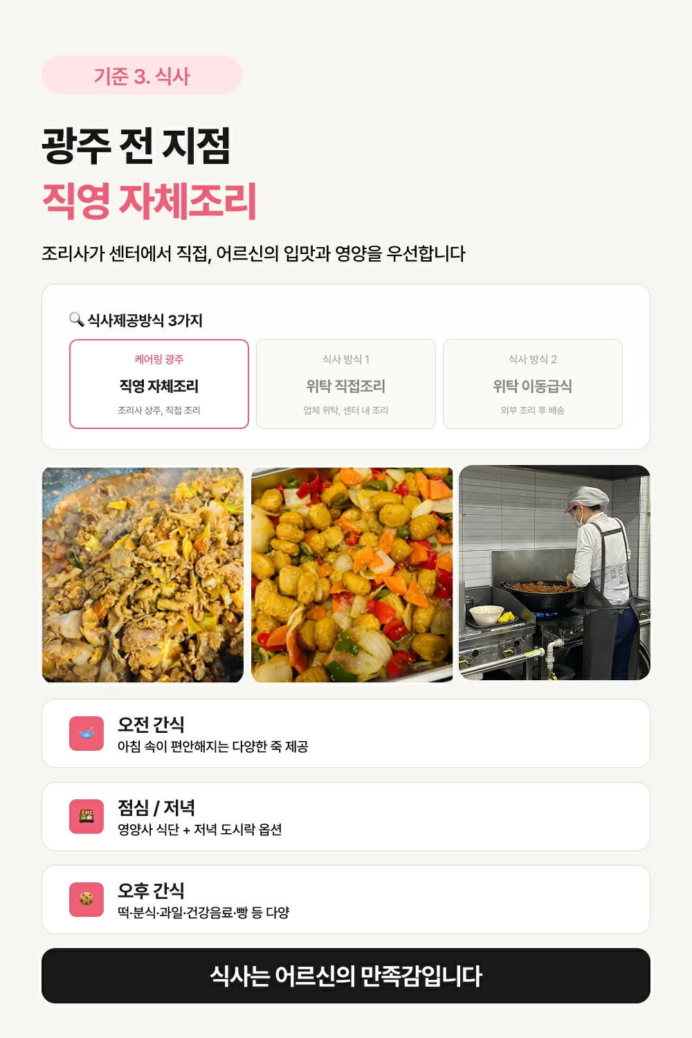 케어링 광주 전지점은 직영 조리한다는 내용, 맛있게 조리되는 고기 반찬과 조리실에서 조리 중인 조리사 모습